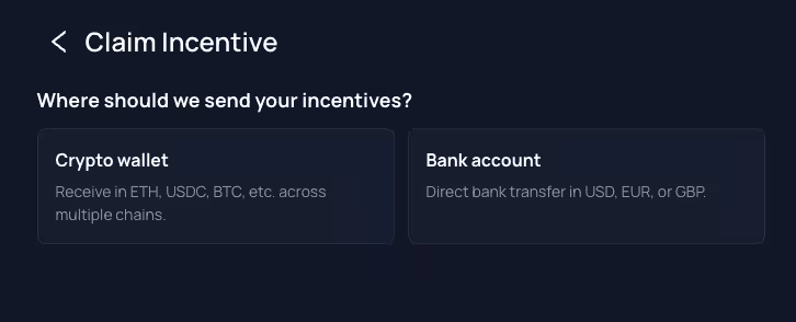 Pantalla de Unetwork para elegir entre billetera cripto o cuenta bancaria