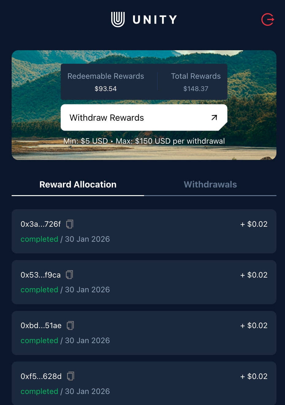 Pantalla de recompensas de Unetwork con saldo disponible y botón para retirar recompensas