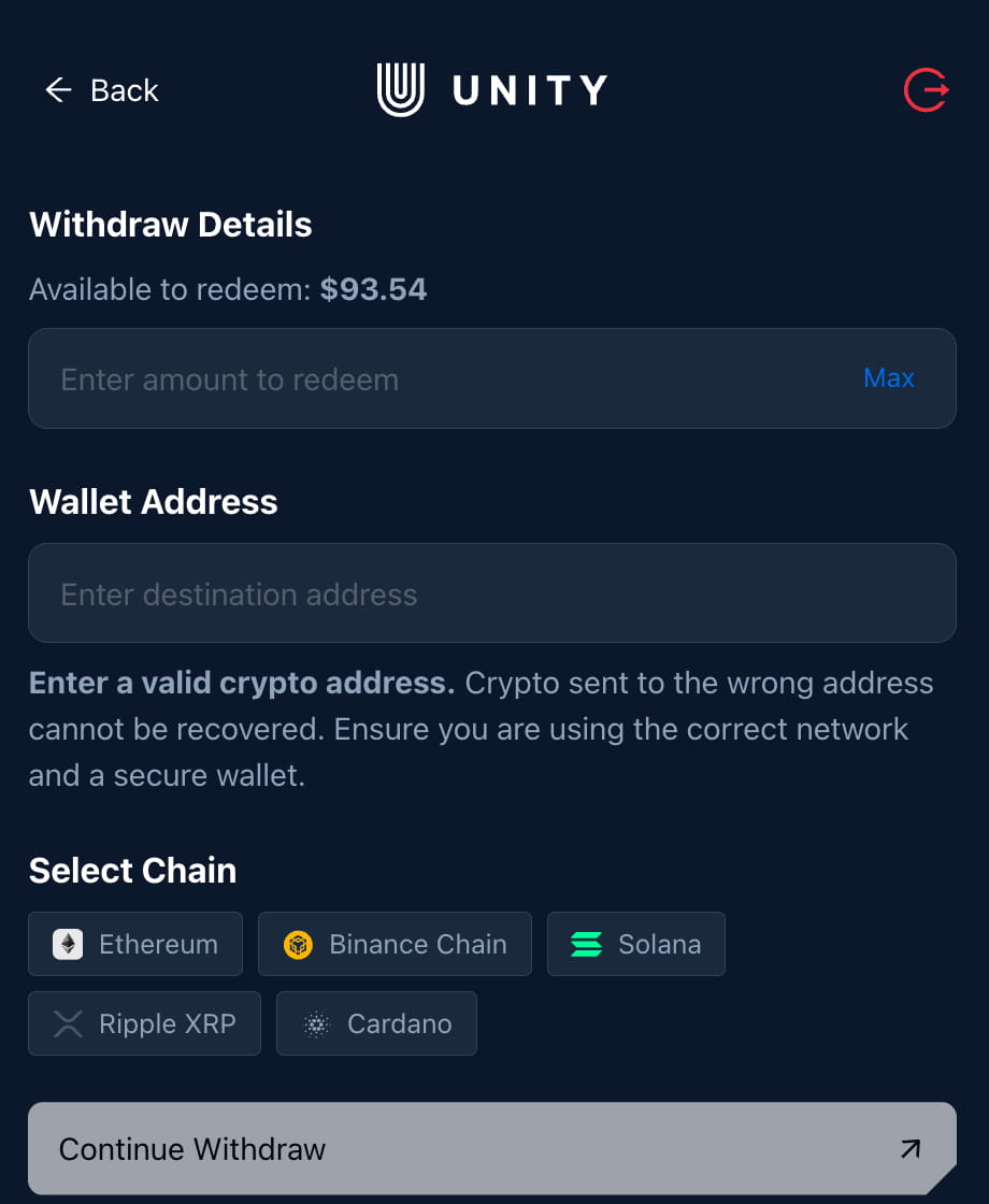 Pantalla de detalles para retirar recompensas a una billetera cripto